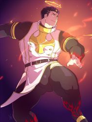 Rule 34 | 1boy, armor, bara, black bodysuit, black hair, bodysuit, breastplate, bulge, embers, facial hair, fighting stance, fire, flaming halo, halo, highres, kaniharu, large pectorals, leg up, looking to the side, male focus, mature male, muscular, muscular male, pectorals, short hair, sideburns, solo, stubble, thick thighs, thighs, tokyo houkago summoners, zabaniyya (housamo)