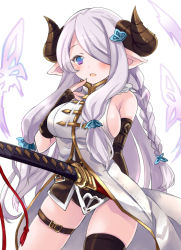 Rule 34 | 10s, 1girl, asymmetric gloves, asymmetrical gloves, black gloves, blue eyes, blush, braid, breasts, buckle, bug, butterfly, butterfly hair ornament, demon horns, draph, elbow gloves, female focus, finger to mouth, fingerless gloves, gloves, gluteal fold, gradient eyes, granblue fantasy, hair ornament, hair over one eye, hairclip, horns, insect, katana, large breasts, light purple hair, long hair, looking at viewer, multicolored eyes, narmaya (granblue fantasy), pointy ears, sideboob, single thighhigh, sleeveless, solo, sword, takase kanan, tassel, thigh strap, thighhighs, uneven gloves, very long hair, weapon, white background