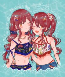 Rule 34 | 2girls, ;d, anam95, bikini, blush, cowboy shot, earrings, floral print, hair between eyes, hair ornament, hairclip, highres, idolmaster, idolmaster shiny colors, jewelry, long hair, low twintails, multiple girls, necklace, one eye closed, open mouth, osaki amana, osaki tenka, puckered lips, red hair, scrunchie, side ponytail, smile, stomach, swept bangs, swimsuit, twintails, wet, yellow eyes