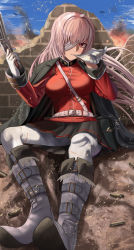 Rule 34 | 1girl, bandage over one eye, battlefield, black coat, black skirt, blue sky, breasts, coat, coat on shoulders, fate/grand order, fate (series), florence nightingale (fate), florence nightingale (third ascension) (fate), gloves, grey footwear, gun, highres, holding, holding gun, holding weapon, jacket, large breasts, long hair, looking at viewer, military, military uniform, mixed-language commentary, outdoors, pantyhose, pink hair, pleated skirt, red eyes, red jacket, silvertsuki, skirt, sky, solo, uniform, weapon, white gloves, white pantyhose