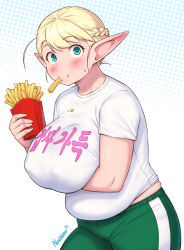 Rule 34 | 1girl, absurdres, belly, blonde hair, braid, breasts, commentary, cowboy shot, eating, elf, elf-san wa yaserarenai., english commentary, elfuda (elf-san wa yaserarenai.), food, food on face, french fries, gradient background, green eyes, green pants, highres, large breasts, looking at viewer, muffin top, nestkeeper, pants, plump, pointy ears, shirt, short hair, simple background, solo, t-shirt, track pants, watermark, web address, white background