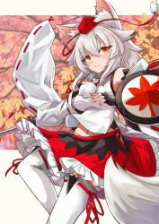Rule 34 | 1girl, absurdres, animal ear fluff, animal ears, black skirt, closed mouth, detached sleeves, hair between eyes, hat, highres, holding, holding shield, holding sword, holding weapon, inubashiri momiji, leaf, looking at viewer, maple leaf, navel, outdoors, outside border, pom pom (clothes), red eyes, red hat, red skirt, ribbon-trimmed sleeves, ribbon trim, shield, short hair, skirt, solo, sword, tail, thighhighs, tokin hat, touhou, two-tone skirt, v-shaped eyebrows, weapon, white hair, white thighhighs, wide sleeves, wolf ears, wolf tail, yuuka (a0240765)