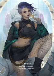 Rule 34 | 1girl, artist name, blue hair, breasts, brown eyes, candy, cleavage, disney, earrings, facial tattoo, fangs, food, highres, hyena, jewelry, lion, midriff, navel, necklace, pantyhose, personification, piercing, rain wzq, shenzi, short hair, solo, tattoo, thighhighs, tongue, tongue out, weapon