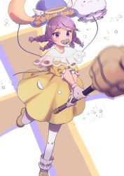 Rule 34 | 1girl, blush, commentary request, crescent moon, dress, full body, gloves, halo, highres, hohohoi, holding, holding weapon, looking at viewer, mace, mary janes, medium hair, moon, pacifier, pantyhose, purple eyes, purple hair, quad braids, ragnarok online, ragnarok origin, shoes, solo, star (symbol), weapon, white gloves, white pantyhose, yellow dress, yellow footwear