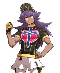 Rule 34 | 1boy, baseball cap, bright pupils, champion uniform, closed mouth, commentary request, cowboy shot, creatures (company), dark-skinned male, dark skin, facial hair, game freak, gloves, hand on own hip, hand up, hat, highres, holding, holding poke ball, korean commentary, leggings, leon (pokemon), long hair, looking at viewer, male focus, nintendo, partially fingerless gloves, poke ball, pokemon, pokemon swsh, purple hair, redlhzz, shield print, shirt, short shorts, short sleeves, shorts, single glove, smile, solo, sword print, ultra ball, white background, white pupils, white shorts, yellow eyes