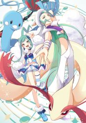 Rule 34 | 1boy, 1girl, :d, altaria, arm up, arm warmers, bangle, blue footwear, boots, bracelet, capelet, commentary request, creatures (company), crop top, game freak, gen 3 pokemon, green eyes, green hair, highres, jewelry, lisia (pokemon), looking at viewer, milotic, nintendo, open mouth, pants, pokemon, pokemon (creature), pokemon oras, purple shirt, shirt, shorts, shorts under skirt, showgirl skirt, single thighhigh, skin tight, sleeveless, sleeveless shirt, smile, ssn (sasa8u9r), striped clothes, striped thighhighs, teeth, thighhighs, tongue, uncle and niece, upper teeth only, w, wallace (pokemon), white capelet, white pants