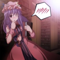 Rule 34 | 1girl, bad id, bad pixiv id, blush, book, crescent, dirty, dress, female focus, hat, highres, long hair, midriff, one eye closed, open mouth, patchouli knowledge, pink dress, purple eyes, purple hair, solo, spoken blush, tears, torn clothes, touhou, tsukishiro saika, wince, wink