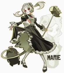 Rule 34 | 1girl, 672000each, absurdres, apron, black dress, black footwear, bloody marie (skullgirls), character name, clothes lift, dress, dress lift, full body, grey hair, hair ornament, highres, holding vacuum cleaner, long hair, maid, maid apron, maid headdress, outline, pantyhose, red eyes, skull hair ornament, skullgirls, solo, standing, twintails, white background, white pantyhose, zoom layer