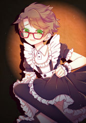 Rule 34 | absurdres, black skirt, black thighhighs, blush, brown hair, garter straps, green eyes, highres, identity v, looking at viewer, male focus, mishima-maki, official alternate costume, official art, puffy short sleeves, puffy sleeves, red-framed eyewear, scrunchie, short sleeves, skirt, skirt hold, solo, thighhighs, trap, wrist scrunchie