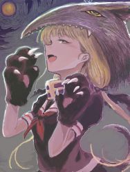 Rule 34 | 1girl, animal hands, animal hood, black serafuku, blonde hair, claws, fang, from side, full moon, gloves, green eyes, hair ribbon, halloween, halloween costume, hood, kantai collection, long hair, looking at viewer, low twintails, moon, neckerchief, night, open mouth, paw gloves, profile, red neckerchief, ribbon, sailor collar, school uniform, serafuku, skin fang, sky, solo, sowamame, twintails, yuudachi (kancolle)
