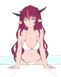 Rule 34 | 1girl, absurdres, alternate costume, bare shoulders, bikini, breasts, cleavage, collarbone, demon girl, demon horns, disappointed, disapproving stare, hair between eyes, hanging breasts, heterochromia, highres, hololive, hololive english, horns, irys (hololive), large breasts, long hair, looking at viewer, multicolored hair, multiple horns, namiorii, navel, pointy ears, pool, red hair, signature, simple background, solo, stomach, string bikini, swimsuit, upper body, very long hair, virtual youtuber, water, wet, wet clothes, white background, white bikini
