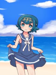 Rule 34 | 1girl, ako (azusaching0612), alternate costume, bare shoulders, beach, blue background, blue dress, blue eyes, blue hair, blue sailor collar, blush, bow, child, clothes lift, cloud, collarbone, creatures (company), dress, dress lift, female focus, game freak, hair ornament, headband, lana (pokemon), lifted by self, looking at viewer, matching hair/eyes, nintendo, ocean, outdoors, pokemon, pokemon sm, ribbon, sailor collar, sailor dress, short hair, skirt hold, sky, sleeveless, sleeveless dress, smile, solo, standing, water, white bow, white ribbon