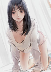 Rule 34 | 1girl, absurdres, all fours, bad id, bad twitter id, black hair, blouse, breasts, breasts apart, highres, kishida mel, loose clothes, loose shirt, no bra, no pants, on bed, original, panties, shirt, smile, solo, swept bangs, t-shirt, underwear, white curtains, white shirt