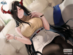 Rule 34 | 1girl, anchor symbol, azur lane, bare shoulders, belt, black hair, black pantyhose, blurry, blurry background, blush, bracelet, breasts, buttons, casual, character name, closed mouth, copyright name, couch, curtains, cushion, dutch angle, friedrich der grosse (azur lane), from below, hair over one eye, hands in hair, hands up, high-waist skirt, highres, holding, horns, indoors, jewelry, kandzume (kandume200), large breasts, lips, logo, long hair, looking at viewer, mature female, mechanical horns, mimikaki, miniskirt, non-web source, official art, on couch, pantyhose, pencil skirt, pillow, red horns, ribbed shirt, ribbed sweater, shirt, sitting, skirt, sleeveless, sleeveless sweater, sleeveless turtleneck, smile, solo, sweater, sweater tucked in, thighs, turtleneck, turtleneck sweater, very long hair, watch, watermark, white skirt, window, wristwatch, yellow eyes, yellow sweater