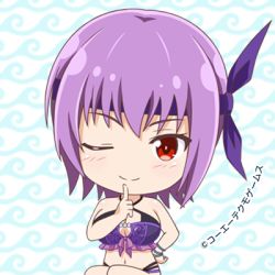 Rule 34 | 1girl, ayane (doa), bikini, blush, breasts, chibi, cleavage, criss-cross halter, dead or alive, dead or alive xtreme venus vacation, finger to mouth, halterneck, headband, index finger raised, large breasts, looking at viewer, lowres, navel, official art, one eye closed, patterned background, purple bikini, purple hair, red eyes, shushing, sitting, smile, swimsuit, tecmo, wave print, wink
