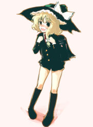 Rule 34 | 1girl, :d, alternate costume, backpack, bag, black socks, blazer, blonde hair, blush, buttons, female focus, full body, hat, holding, holding behind back, jacket, kirisame marisa, kneehighs, loafers, looking at viewer, nokishita, nose blush, open mouth, pigeon-toed, school uniform, serafuku, shoes, simple background, smile, socks, solo, standing, touhou, white background, witch hat