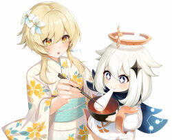 Rule 34 | 2girls, absurdres, blonde hair, blue eyes, blue scarf, blush, bowl, breasts, chopsticks, eating, feather hair ornament, feathers, flower, food, genshin impact, hair flower, hair ornament, halo, highres, hiragi paint, japanese clothes, kimono, long sleeves, lumine (genshin impact), medium hair, mochi, multiple girls, obi, paimon (genshin impact), sash, scarf, sidelocks, small breasts, sparkling eyes, white kimono, wide sleeves, yellow eyes