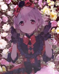 Rule 34 | 1boy, black flower, black gloves, black rose, bow, braid, collared dress, crossdressing, dress, floral background, flower, frilled dress, frills, gloves, hair bow, hands up, looking at viewer, machico maki, male focus, mole, mole under eye, open mouth, pink eyes, pink flower, pink hair, pretty series, pripara, puffy short sleeves, puffy sleeves, red bow, red dress, reona west, rose, short hair, short sleeves, side braid, smile, solo, trap, white flower