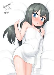 Rule 34 | 1girl, absurdres, asashio (kancolle), bare shoulders, black hair, blue eyes, cowboy shot, dated, flat chest, highres, kantai collection, long hair, looking at viewer, lying, maru (marg0613), naked towel, one-hour drawing challenge, solo, towel, twitter username