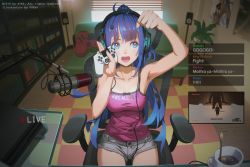 Rule 34 | 1girl, ai-chan (playstation), armpits, artist name, bare arms, bare shoulders, belt, black bow, window blinds, blue eyes, blurry, blurry background, book, bookshelf, bow, breasts, censored, chair, chat log, cleavage, clenched hands, clothes writing, coffee mug, controller, couch, cup, depth of field, dualshock, earphones, fake censor, fingernails, fisheye, fur-trimmed shorts, fur trim, game console, game controller, gamepad, grey shorts, highres, holding, holding controller, holding game controller, ice, ice cube, iced coffee, indoors, livestream, long hair, medium breasts, microphone, mug, nail polish, office chair, painting (object), pink nails, pink shirt, plant, playstation 4, playstation controller, potted plant, purple hair, recording, red pupils, round teeth, rug, sekiro, sekiro: shadows die twice, shirt, short shorts, shorts, sitting, sleeveless, sleeveless shirt, solo, sony, spaghetti strap, speaker, spoon, swivel chair, teeth, upper teeth only, vofan, window