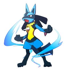 Rule 34 | commentary request, creatures (company), energy, fang, full body, furry, game freak, gen 4 pokemon, grey background, highres, lucario, morio (poke orio), nintendo, open mouth, pokemon, pokemon (creature), red eyes, simple background, solo, spikes, standing, toes, tongue, yellow fur
