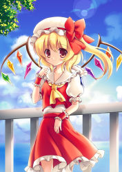 Rule 34 | 1girl, ascot, bad id, bad pixiv id, blonde hair, blue sky, blush, bow, cloud, day, female focus, flandre scarlet, fukase ayaka, hat, hat bow, railing, red eyes, short hair, side ponytail, skirt, skirt set, sky, smile, solo, touhou, water, wings, wrist cuffs