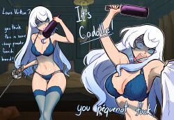 Rule 34 | 1girl, arm up, blue bra, blue eyes, blue thighhighs, bottle, bra, breasts, centurii-chan (artist), cleavage, collarbone, colored eyelashes, commentary, english commentary, english text, highres, holding, holding bottle, imminent fight, lace, lace-trimmed bra, lace-trimmed legwear, lace trim, large breasts, long hair, looking at viewer, open mouth, original, panties, pov, profanity, rapier, rapier-chan (centurii), sword, thighhighs, underwear, underwear only, weapon, white hair, wine bottle