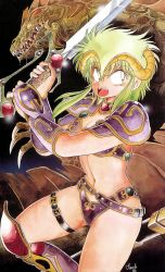 Rule 34 | 1980s (style), 1986, 1girl, alien, armlet, armor, bikini armor, boots, dated, fang, green eyes, green hair, holding, holding sword, holding weapon, horns, kahm, long hair, manabe jouji, monster, navel, official art, oldschool, open mouth, outlanders, pauldrons, retro artstyle, shoulder armor, solo, sword, thigh strap, two-handed, weapon