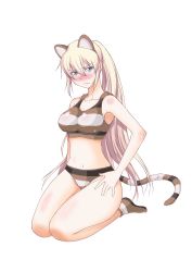 Rule 34 | 1girl, absurdres, animal ears, aoiakira553, aqua eyes, blonde hair, blue eyes, blush, bra, cat ears, cat tail, collarbone, duel!, embarrassed, fake animal ears, highres, long hair, looking at viewer, momose alice, official art, original, panties, ponytail, seiza, sitting, solo, sports bra, striped bra, striped clothes, striped panties, striped sports bra, tail, underwear, underwear only