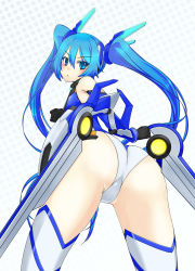 Rule 34 | 1girl, armor, ass, bare shoulders, bent over, blue eyes, blue hair, blush, bodysuit, from behind, from below, gauntlets, hifumi, highres, long hair, looking at viewer, looking back, matching hair/eyes, ore twintail ni narimasu, shiny clothes, shiny skin, solo, tailblue, thighhighs, tsube aika, very long hair, white thighhighs