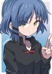 Rule 34 | 1girl, black shirt, blue hair, bocchi the rock!, breasts, brown eyes, closed mouth, collarbone, collared shirt, commentary request, hair ornament, hair over one eye, hairclip, hand up, long sleeves, mizumi (artist), shirt, sleeves past wrists, small breasts, solo, twitter username, upper body, v, yamada ryo