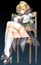 Rule 34 | 1girl, blue eyes, breasts, chair, circlet, cleavage, cleavage cutout, clothing cutout, crossed legs, gradient background, highres, huge breasts, kouno (masao), looking at viewer, nipples, original, pointy ears, ponytail, see-through, short hair, sitting, smile, solo, thigh strap