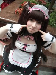 Rule 34 | 10s, 1girl, animal ears, apron, bell, black bow, black bowtie, black legwear, bow, bowtie, breasts, brown hair, cat ears, cat tail, character name, cheek poking, chocola (nekopara), chocola (sayori) (cosplay), choker, cleavage, commentary, cosplay, cosplay photo, eyelashes, fake animal ears, fingernails, heart, highres, hime cut, jewelry, jingle bell, littlekittymiau, long hair, looking at viewer, maid, maid apron, maid headdress, nail polish, name tag, neck bell, nekopara, photo (medium), pink bow, pink bowtie, poking, pout, ring, sitting, solo, tail, twintails, very long hair, wrist cuffs