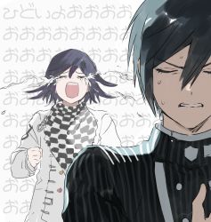 Rule 34 | 1boy, 1girl, black hair, buttons, checkered clothes, checkered neckwear, checkered scarf, clenched hand, clenched teeth, closed eyes, crying, danganronpa (series), danganronpa v3: killing harmony, facing viewer, flipped hair, grey background, hair between eyes, hand up, jacket, jijon (zzonegirl), long sleeves, oma kokichi, open mouth, portrait, saihara shuichi, scarf, shirt, short hair, striped clothes, striped jacket, sweat, teeth, translation request
