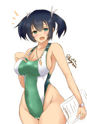 Rule 34 | 1girl, alternate costume, blue hair, blush, breasts, competition swimsuit, green eyes, groin, hair between eyes, hair ribbon, highres, impossible clothes, kantai collection, kuga zankurou, large breasts, looking at viewer, one-piece swimsuit, open mouth, ribbon, short hair, smile, solo, souryuu (kancolle), swimsuit, thighs, twintails