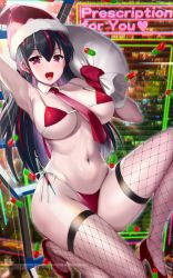 Rule 34 | 1girl, :d, armpits, bikini, black hair, breasts, christmas, commentary request, copyright request, detached collar, fishnet thighhighs, fishnets, gloves, hair between eyes, highres, holding, kusaka souji, large breasts, long hair, looking at viewer, medicine, multicolored hair, navel, necktie, open mouth, pill, purple eyes, red bikini, red footwear, red gloves, red necktie, shoes, smile, solo, swimsuit, syringe, thighhighs, two-tone hair