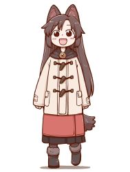 Rule 34 | 1girl, :d, aged down, animal ear fluff, animal ears, black footwear, black scarf, blush, boots, brown hair, coat, duffel coat, full body, fur-trimmed boots, fur trim, gem, imaizumi kagerou, long hair, long sleeves, looking at viewer, open mouth, poronegi, red eyes, red skirt, scarf, simple background, skirt, smile, solo, standing, standing on one leg, tail, touhou, very long hair, white background, winter clothes, winter coat, wolf ears, wolf tail