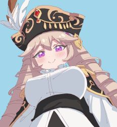 Rule 34 | 1girl, absurdres, bicorne, black coat, black hat, black sash, blonde hair, blush, breasts, closed mouth, coat, coat on shoulders, corsair (maplestory), double-parted bangs, drill hair, epaulettes, from below, hair between eyes, hat, hat feather, highres, large breasts, blue background, long hair, maplestory, purple eyes, rune (dualhart), sash, shirt, simple background, smile, solo, split mouth, white shirt