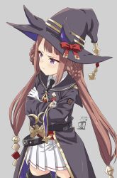 Rule 34 | 1girl, animal ears, artist logo, belt, black necktie, black robe, blush, boots, breasts, brown hair, collared shirt, cowboy shot, crossed arms, dated, grey background, hair rings, hat, highres, horse ears, long hair, looking to the side, miniskirt, necktie, pleated skirt, pout, purple eyes, robe, sekiya kuzuyu, shirt, simple background, skirt, small breasts, solo, sweep tosho (umamusume), thigh boots, twintails, umamusume, v-shaped eyebrows, white shirt, white skirt, witch hat