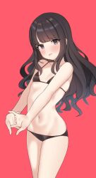 Rule 34 | 1girl, aa211108, absurdres, bikini, black bikini, black hair, blush, breasts, collarbone, highres, idolmaster, idolmaster shiny colors, interlocked fingers, kazano hiori, long hair, looking at viewer, mole, mole under mouth, navel, own hands together, pink background, simple background, small breasts, solo, stomach, stretching, swimsuit, very long hair