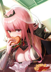 Rule 34 | 1girl, absurdres, arimoto wataru, blush, breast rest, breasts, breasts on table, brooch, burger, cleavage, eating, food, highres, holding, holding food, hololive, hololive english, jewelry, ketchup, large breasts, long hair, long sleeves, looking at viewer, mori calliope, pink eyes, pink hair, potato wedges, see-through, solo, spikes, tiara, veil, virtual youtuber