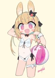 Rule 34 | 1girl, :d, animal ear fluff, animal ears, arm up, artist name, ball, beachball, bikini, blush stickers, breasts, brown hair, cameltoe, commentary request, cropped legs, fang, hand up, highleg, highleg bikini, highres, long hair, looking at viewer, nanatsuta, navel, one-piece tan, open mouth, original, pink eyes, rabbit ears, rabbit girl, side-tie bikini bottom, signature, simple background, small breasts, smile, solo, swimsuit, tan, tanline, thick eyebrows, thigh strap, white bikini, wrist cuffs, yellow background