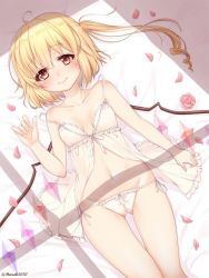 Rule 34 | 1girl, ahoge, artist name, babydoll, bare arms, bare shoulders, bed sheet, blonde hair, blush, breasts, collarbone, commentary request, cowboy shot, crystal, flandre scarlet, flower, groin, hair between eyes, hand up, haruki (colorful macaron), indoors, long hair, looking at viewer, lying, navel, no headwear, on back, one side up, panties, petals, pink flower, pink rose, red eyes, rose, rose petals, shadow, side-tie panties, small breasts, smile, solo, stomach, strap slip, thighs, touhou, twitter username, underwear, underwear only, white panties, wings