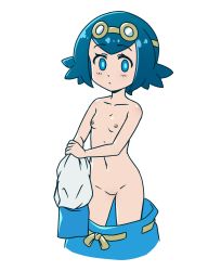 Rule 34 | 1girl, artist request, blue eyes, blue hair, breasts, creatures (company), delta r9, game freak, hair ornament, highres, lana (pokemon), looking at viewer, matching hair/eyes, nintendo, pokemon, pokemon sm, small breasts, solo, white background
