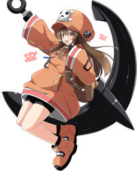 Rule 34 | 1girl, :d, aikawa ryou, anchor, blush, brown eyes, brown hair, commentary request, fingerless gloves, gloves, guilty gear, hair between eyes, hat, highres, holding, holding anchor, long hair, may (guilty gear), open mouth, orange footwear, orange hat, pirate, pirate hat, round teeth, shoes, simple background, skull and crossbones, sleeves past wrists, smile, solo, teeth, upper teeth only, white background, wide sleeves