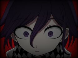 Rule 34 | 1boy, black background, black hair, black scarf, checkered clothes, checkered scarf, danganronpa (series), danganronpa v3: killing harmony, flipped hair, hair between eyes, highres, looking at viewer, male focus, meme, oma kokichi, open mouth, portrait, purple eyes, red background, reference request, scarf, solo, suiren yurei, white scarf