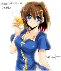 Rule 34 | 1girl, alcohol, beer, blue dress, blue eyes, brown hair, closed mouth, dress, glass, hair ornament, hairclip, holding, lyrical nanoha, medium dress, san-pon, short hair, short sleeves, side slit, simple background, smile, solo, triangle heart, twitter username, upper body, white background, x hair ornament, yagami hayate