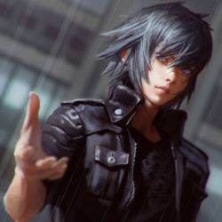 Rule 34 | 1boy, black shirt, blouse, blue eyes, blurry, blurry background, breast pocket, collared jacket, depth of field, eyelashes, final fantasy, final fantasy xv, grey hair, hair between eyes, highres, ilya kuvshinov, jacket, looking at viewer, male focus, noctis lucis caelum, outdoors, outstretched hand, pocket, print shirt, rain, reaching, reaching towards viewer, realistic, shirt, sidelocks, solo, spiked hair, standing, upper body, vest, wet, wet hair