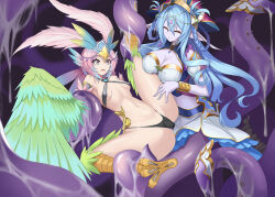 Rule 34 | 2girls, animal ears, bian qunqing, bird ears, bird legs, black panties, blue hair, blush, bracelet, breasts, carol (clover theater), chinese commentary, cleavage, closed eyes, clover theater, colored skin, commentary request, consensual tentacles, feathers, gradient hair, green feathers, green wings, hair ornament, harpy, headdress, highres, imola (clover theater), jewelry, large breasts, lifting person, long hair, monster girl, multicolored hair, multiple girls, navel, nipples, open mouth, panties, pink hair, pointy ears, purple eyes, purple skin, scylla, short hair, slime (substance), small breasts, talons, tentacles, underwear, winged arms, wings