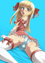 Rule 34 | 1boy, ass, bed, blonde hair, blue eyes, blush, border break, bow, bulge, crossdressing, dress, gloves, hair bow, ippo, long hair, looking back, lying, male focus, open mouth, panties, pink dress, ribbon, shounen type, solo, thighhighs, trap, twintails, underwear, white thighhighs